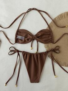 SHEIN Swim 2pcs Sexy Halter Bowknot Metal Buckle Women Bikini Set, Spring Break Festival Boho - Coffee Brown - View 5