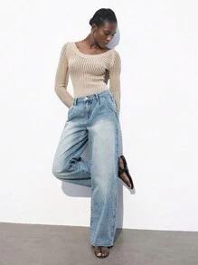 Maija Body mujer de diseño bohemio hawaiano informal, de manga larga, cuello de tripulación ajustado, con volantes calados en tono albaricoque, suave y cómodo, para usar como prenda de resort