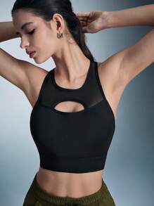 SHEIN Solid Color Mesh Patchwork Hollow Out Sports Bra - Black - View 5