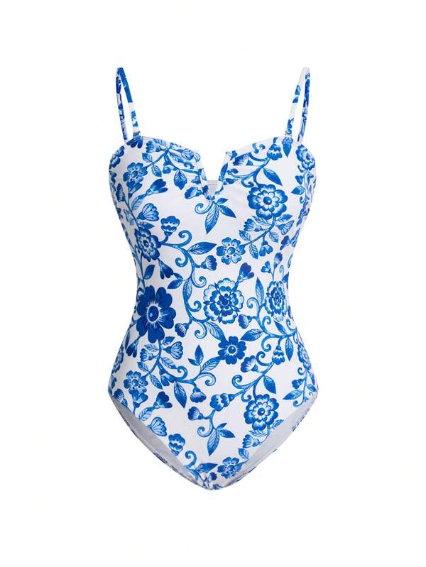 Vivid Eden Women's Spaghetti Strap Floral Print Skinny One Piece Swimsuit For Summer Beach Vacation