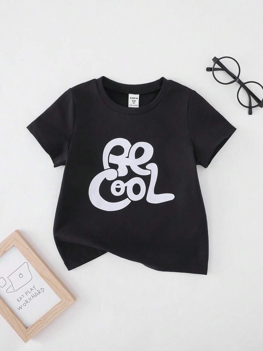 PrepCrw Koszulka z okrągłym dekoltem dla chłopców w kolorze czarnym z dzianiny z nadrukiem, styl szkolny