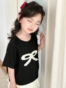 DAZY 年轻女孩休闲简约圆领短袖毛衣，日常穿着，女孩夏季服装 - 黑色 - 查看 4