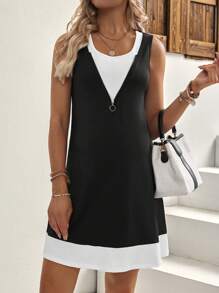 SHEIN Sleeveless Colorblock Zip-Up Maternity Bodycon Dress - Black - View 2