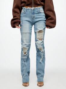 SUMWON WOMEN Distressed Low Rise Slouchy Jeans Y2K Style Relaxed Fit Denim Pants Straight Leg Ripped Knee Casual Street Fashion All Season Wear - Blue - View 1