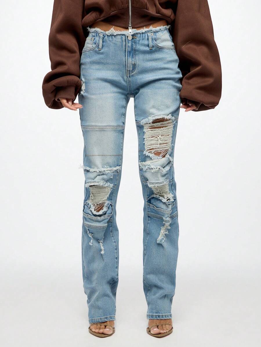 SUMWON WOMEN Distressed Low Rise Slouchy Jeans Y2K Style Relaxed Fit Denim Pants Straight Leg Ripped Knee Casual Street Fashion All Season Wear - Blue - View 1