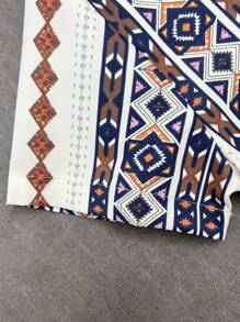 SHEIN Explorewe 2pcs/Set Teens' Stylish Cool Floral Print Short Sleeve Shirt & Loose Solid Color Bermuda Shorts, Casual Vacation - Khaki - View 6