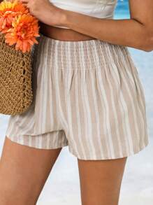 SHEIN VCAY Pantalones cortos holgados de algodón con rayas tejidas de estilo vacacional para mujer, conjunto casual de primavera, vestido de Pascua, ropa occidental para mujer, ropa bohemia de calle para mujer, atuendo de playa para mujer