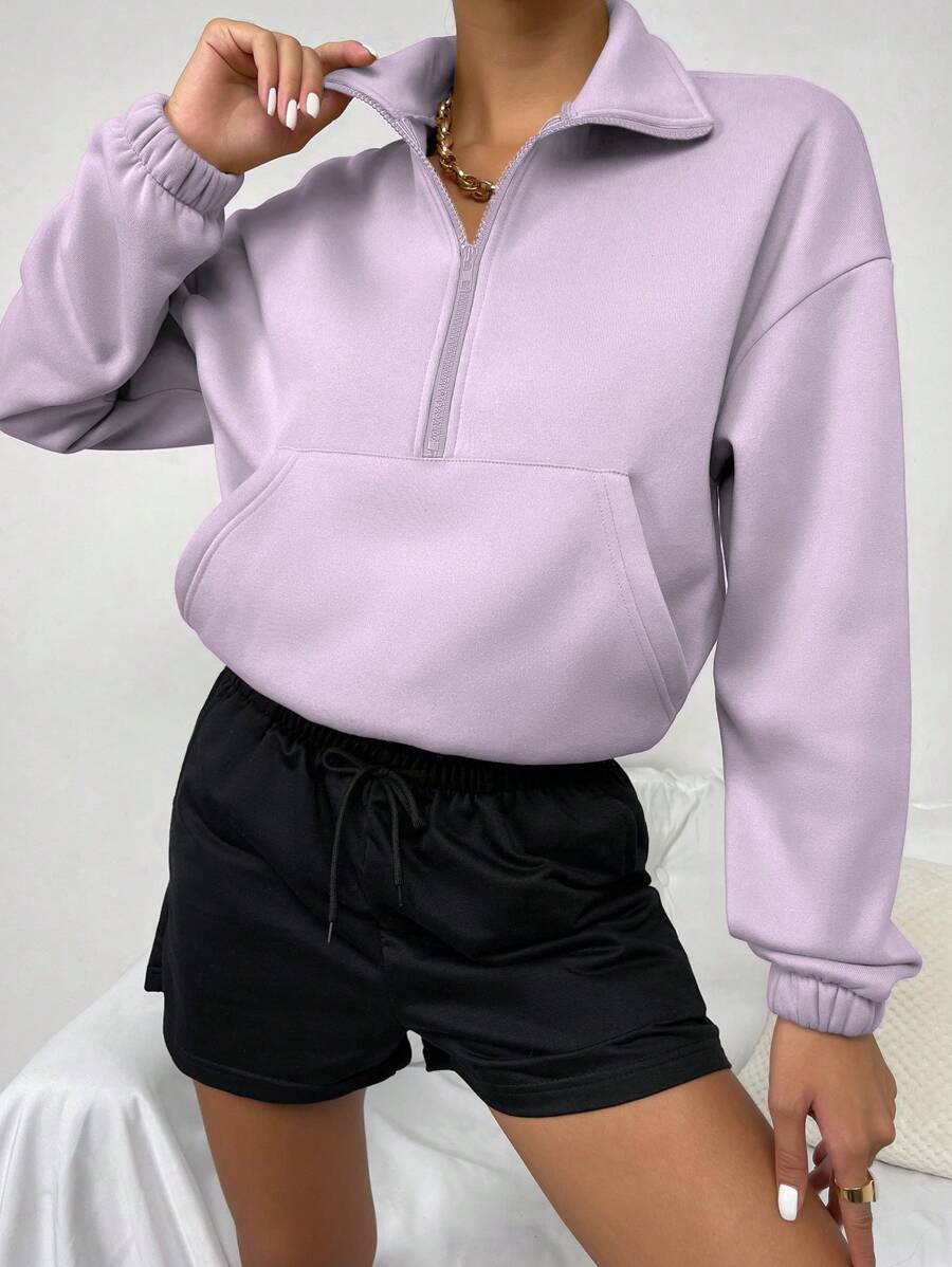 SHEIN Unity Casual Solid Color Drop Shoulder Kangaroo Pocket Sweatshirt, Autumn/Winter - Mauve Purple - View 1