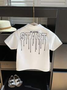 SHEIN 1 Piece Young Boys Casual Sport Shirt With Back Letter Pattern White Collar Short Sleeve Shirt Kids Outfits Young Boy Clothes Back To School Boys Set Suitable For Birthday Party, Party, Performance, Wedding, Baptism, Back To School Suitable For Daily Suitable For School Suitable For Travel Suitable For Sports Suitable For Spring And Summer - White - View 9