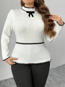 Flirla Plus Size Women's French Bow Decor Fitted Crew Neck Pullover Sweater Knit Pullover Fall Winter - Black and White - View 5