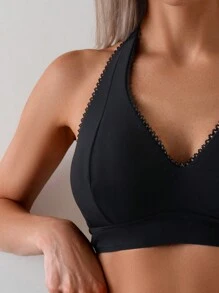 Swim Lushoire Women 2 Pieces Ruffled Design Solid Color Deep V Bikini Swimwear Set, For Summer Beach Vacation - Black - View 5