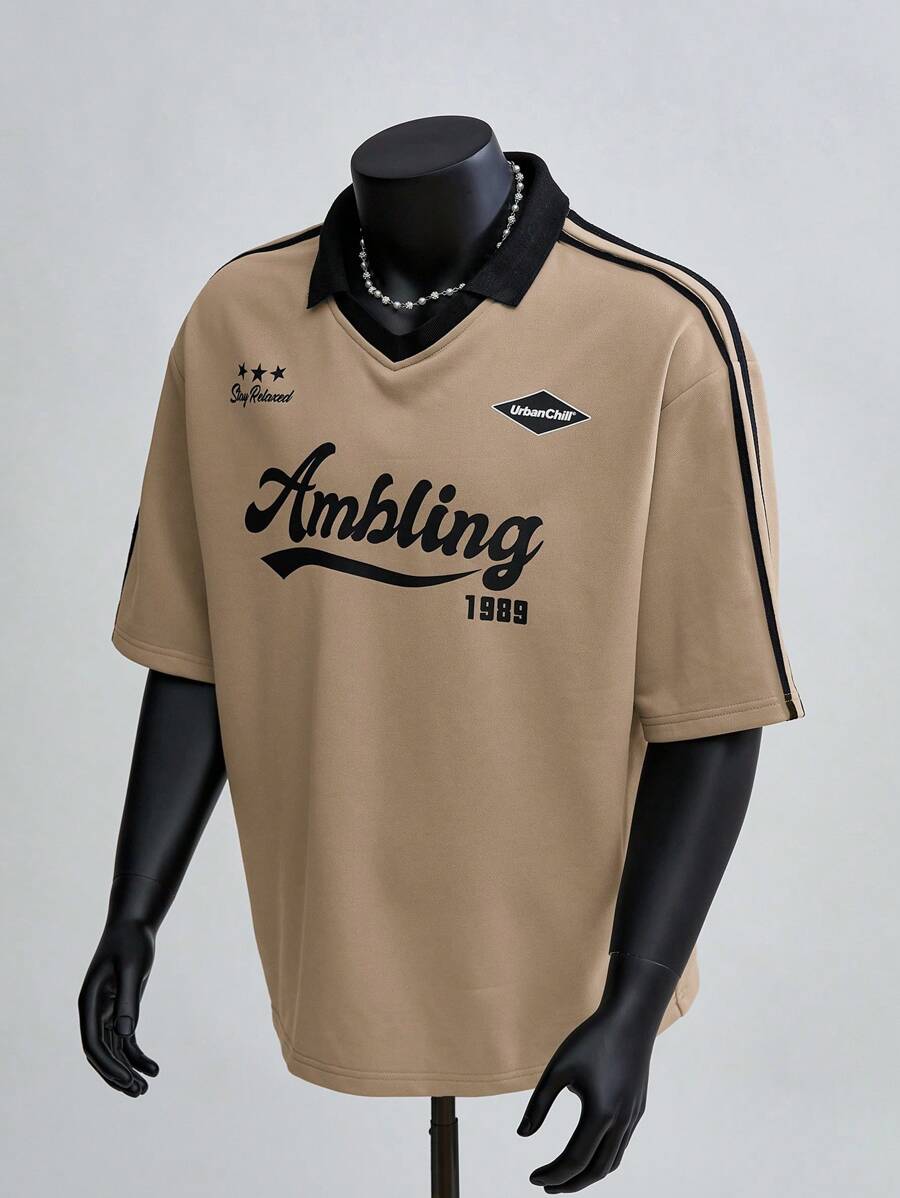 SWAVVY 大码男士针织时尚休闲宽松短袖 Polo 衫 - 棕色 - 查看 1