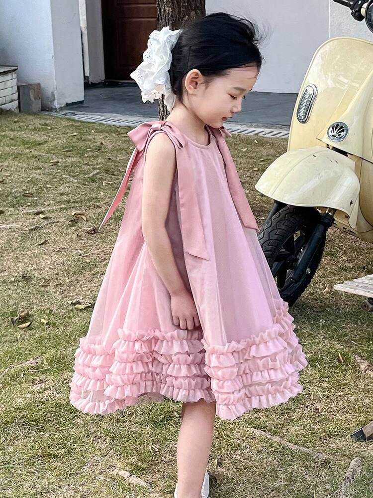 Young Girl Plain Sleeveless Pleated Ruffle Hem Casual Dress, Girls Summer Outfits