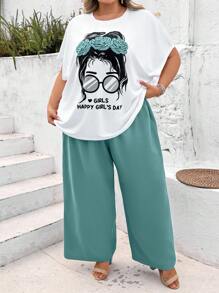 SHEIN CURVE+ 2 pezzi/set di completo maglietta a maniche corte e pantaloni per taglie forti, stile minimalista, moda casual per uso quotidiano