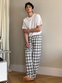 DAZY Męskie spodnie piżamowe w kratę na wiosnę i jesień
