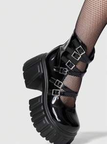 ROMWE Goth Zapatos de tacón de cuña y plataforma con diseño de hebilla ajustable múltiple para mujer - Negro - Ver 3