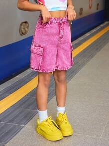 SHEIN 少女Y2K春夏翻盖口袋侧边宽松直筒牛仔短裤，夏季音乐会 - 粉色 - 查看 4