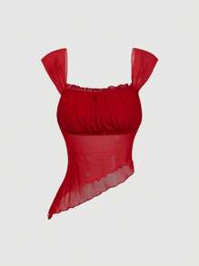 SHEIN MOD 女式红色两件套：不对称下摆修身上衣和泡泡细节低腰短裤，度假、生日、海滩、热带、派对、可爱、夏季、早午餐、春假、休闲、女式两件套 - 酒紅色 - 查看 5