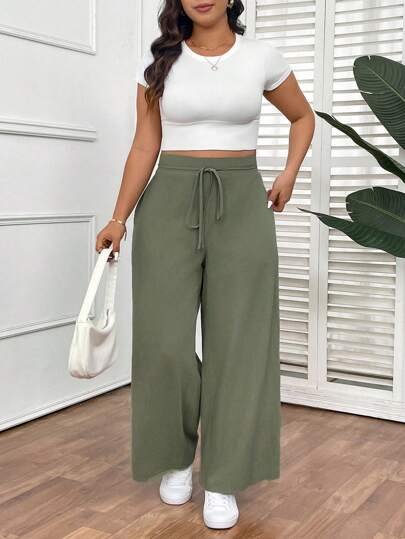 SHEIN Frenchy Quần dài thời trang màu xanh lá cây cỡ lớn cho nữ, thiết kế túi tiện dụng, bộ sưu tập mới xuân/hè