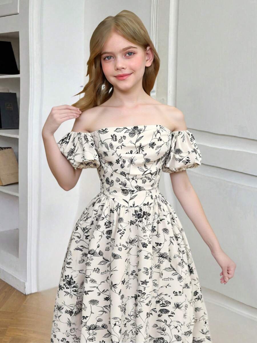 SHEIN 青少年女孩休闲夏季单肩泡泡袖黑白钩织花卉褶皱大 A 形下摆女孩露肩长裙、女孩连衣裙、女孩服装、优雅、度假、海滨、沙滩装、女孩情人节装、青少年女孩连衣裙、母女搭配、情人节