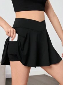 SHEIN Tween Girl Casual Sports High Elasticity Comfortable Criss-Cross Waist Ruffle Hem Skort With Phone Pocket, Black, Spring/Summer - Black - View 1