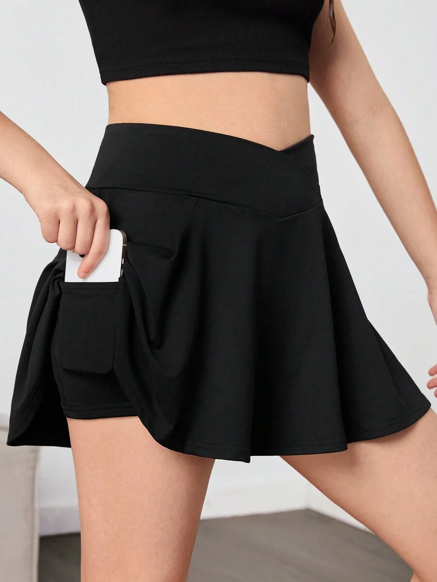 SHEIN Tween Girl Casual Sports High Elasticity Comfortable Criss-Cross Waist Ruffle Hem Skort With Phone Pocket, Black, Spring/Summer - Black - View 1