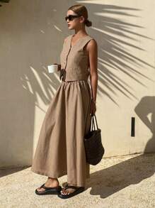 DAZY 女士休闲纯色V领背心和裙子两件套亚麻套装