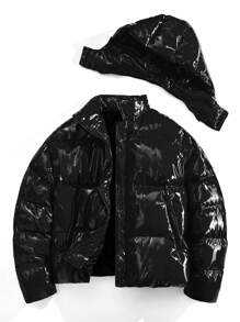 AXEPEAK Men's Solid Color Shiny Front Zip Closure Hooded Winter Jacket - Black - View 5