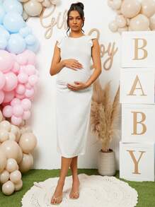 Loomaby Pregnant Women Elegant Solid Color Textured Cap Sleeve Dress - White - View 6