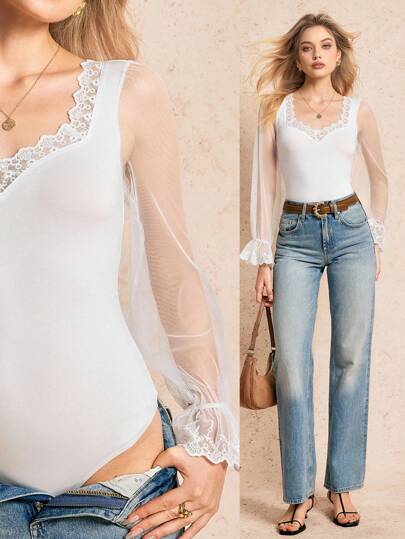 Poéselle Women Solid Color Lace Patchwork Trim Long Sleeve Minimalist Fitted Bodysuit,White Bodysuit,Valentine's Day Clothing