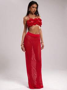 SHEIN BAE Women's Hollow Out Knit Backless Halter Crop Top And Extra Long Skirt 2pcs Set In Fall/Winter - Burgundy - View 6
