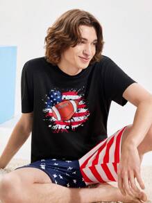 Happy Jammies Set de pijama de 2 piezas con top de cuello redondo de manga corta estampado y pantalones cortos casuales para hombre