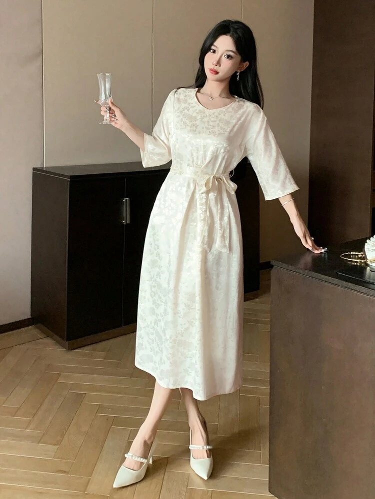 Solid Color Jacquard V-Neck Belted Dress For Women Prom Dress Sundress,Dress For Wedding,Fall Dress Long Sleeve Dress Elegant Women Dresses Maxi Dress