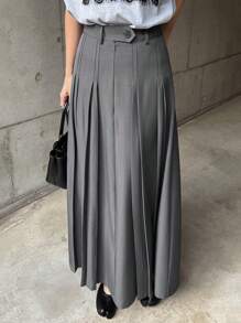 FRIFUL 女士长款灰色百褶A字裙，适合春秋季办公室/通勤穿着 - 灰色 - 查看 6