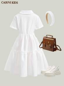 SHEIN 青少年女孩休闲校园 V 领高领修身纯白色连衣裙，适合春夏季节 - 白色 - 查看 3