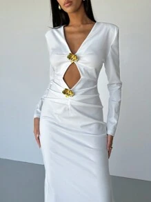 Aloruh 女士纯白色性感复古金属花朵装饰修身长袖连衣裙，优雅派对连衣裙，情人节装，情人节，女士连衣裙，优雅连衣裙，女士白色连衣裙，白色连衣裙，情人节连衣裙，女士礼服，女士优雅连衣裙 - 白色 - 查看 6