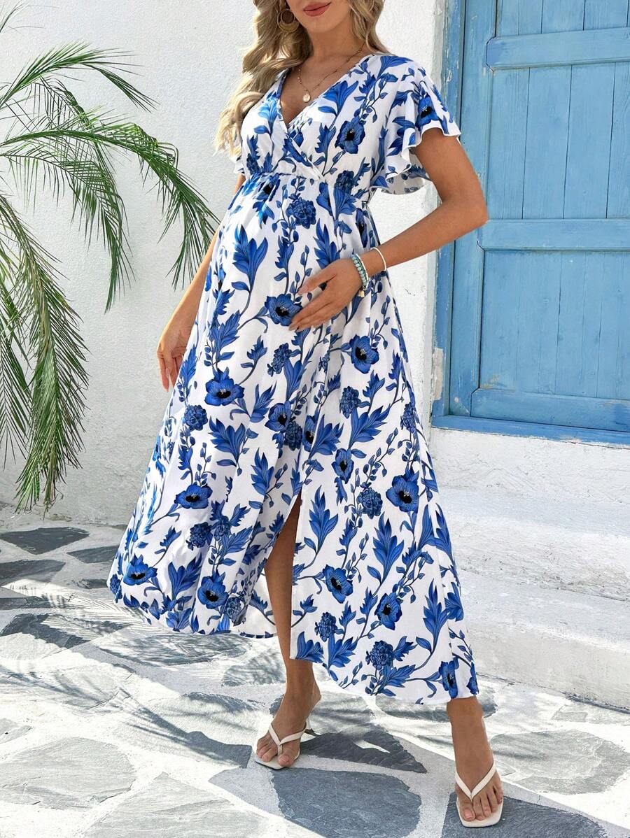 SHEIN Maternity Floral Print Ruffle Sleeve Dress - Blue and White - View 1