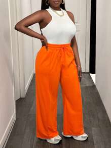 Slaydiva Women Plus Size 2 Pieces Set: White Ribbed Racerback Tank Top And Wide Leg Sweatpants In Orange, Casual Sports Wear For Spring/Summer