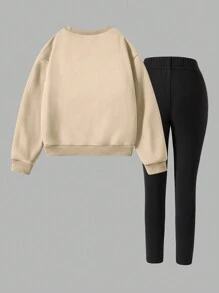 2pcs Tween Girl Casual Heart Print Crew Neck Sweatshirt And Sports Leggings Set, Suitable For Autumn/Winter