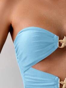 Swim Chiccia 1 件女式纯色褶皱镂空抹胸性感连体泳衣，适合夏季海滩度假 - 薄荷藍 - 查看 3