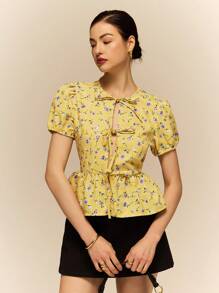 Poéselle Women's Front Tie Short Sleeve All-Over Floral Print Casual Shirt, Daily Wear,Romantic Tops,Going Out Tops Women,Summer Outfits For Women,Cute Summer Tops