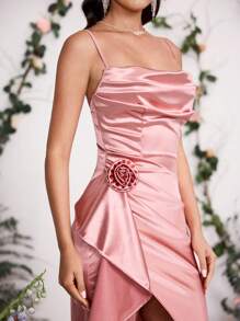 Coutiva 有领高开叉垂坠弹力 3D 玫瑰装饰伴娘礼服，性感派对礼服 - 粉色 - 查看 4