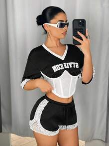 SHEIN ICON 女士前系带简约休闲低腰拼色蕾丝 Y2K 跑步篮球足球运动女式短裤