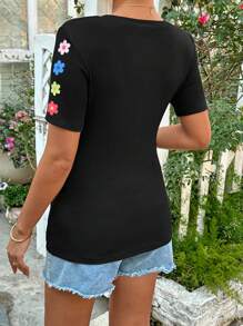 SHEIN Casual Vacation Black High Neck Floral Print Fitted Women T-Shirt