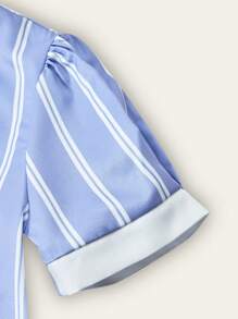SHEIN 2pcs/Set Baju Anak Perempuan Kerah Bergaris Warna Kontras + Rok Mini Lipit Gaya Kasual Sekolah - Navy Blue - View 7