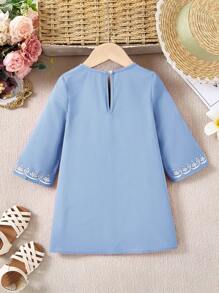 SHEIN Babygirl Blue Long Sleeve Floral Print Vacation Dress, Summer - Blue - View 2