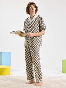 Notgurli 男士棋盘格印花短袖 T 恤和裤子睡衣套装 - 卡其色 - 查看 7