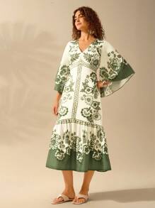 CAJUNI Women's Bohemian Tropical Floral Print, V-Neck Batwing Sleeve Backless Casual Dress, Vacation Style, Beige