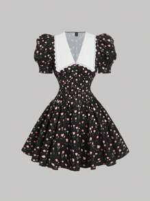 SHEIN MOD Women's Collared Gigot Sleeve Fishbone Pattern Ditsy Floral Dress,Black&White,Sundresses For Vacation,Sun Dress,Birthday Dress,Vacation Dress,Beach,Tropical Dress,Dress Party,Cute Dress,Dresses For Women Summer,Brunch,Summer Dresses,Casual Dresses,Summer Dresses Summer Clothes - Multicolor - View 1