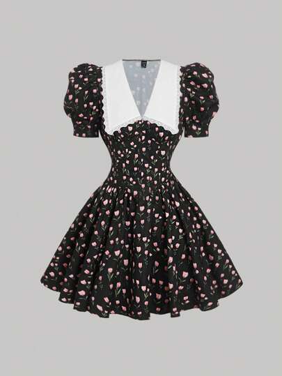 SHEIN MOD Women's Collared Gigot Sleeve Fishbone Pattern Ditsy Floral Dress,Black&White,Sundresses For Vacation,Sun Dress,Birthday Dress,Vacation Dress,Beach,Tropical Dress,Dress Party,Cute Dress,Dresses For Women Summer,Brunch,Summer Dresses,Casual Dresses,Summer Dresses Summer Clothes